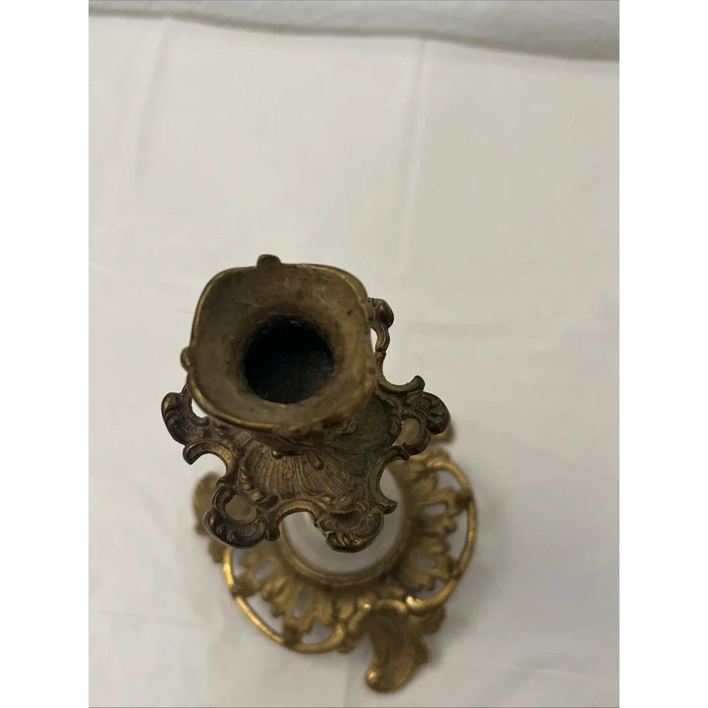 Antique Rococo Gilt Copper Bronze Floral Ornate Scrolled Candlestick Marble‎